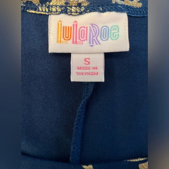 LuLaRoe Carly Dress Blue with Metallic Gold Floral Design Size Small - Picture 4 of 11